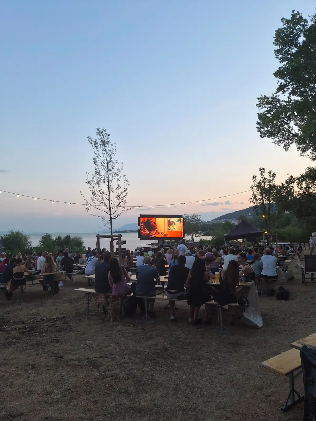 Cinéma plein air au bord du lac au coucher du soleil